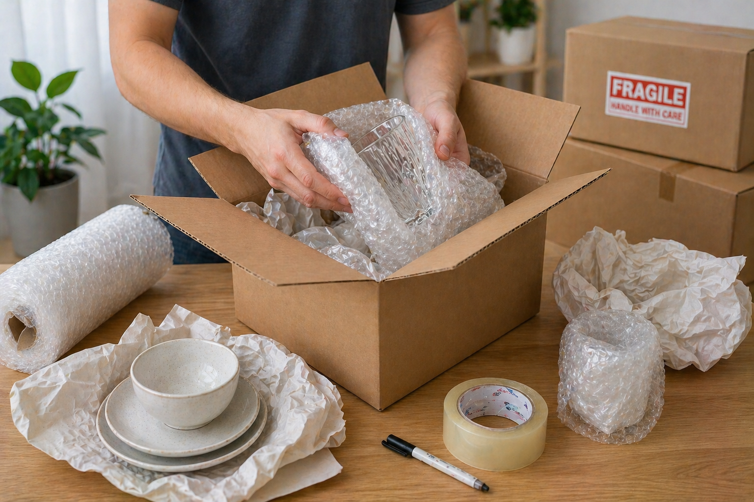 A person carefully packing a fragile item for a move