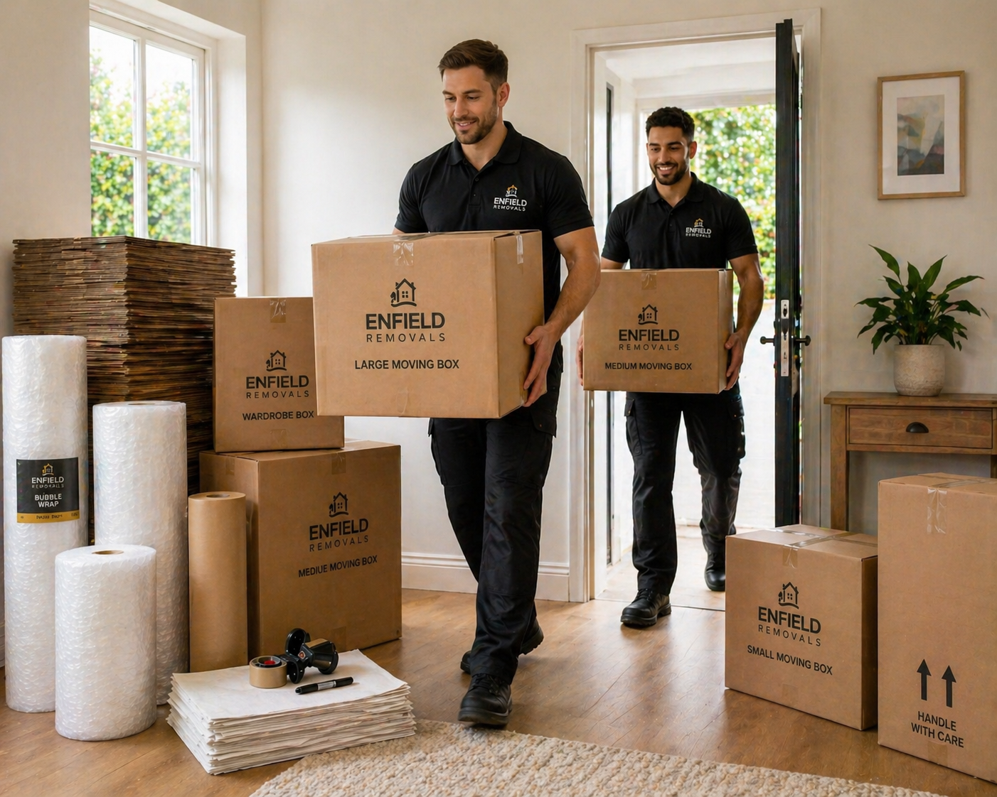 Professional Enfield movers delivering packing materials