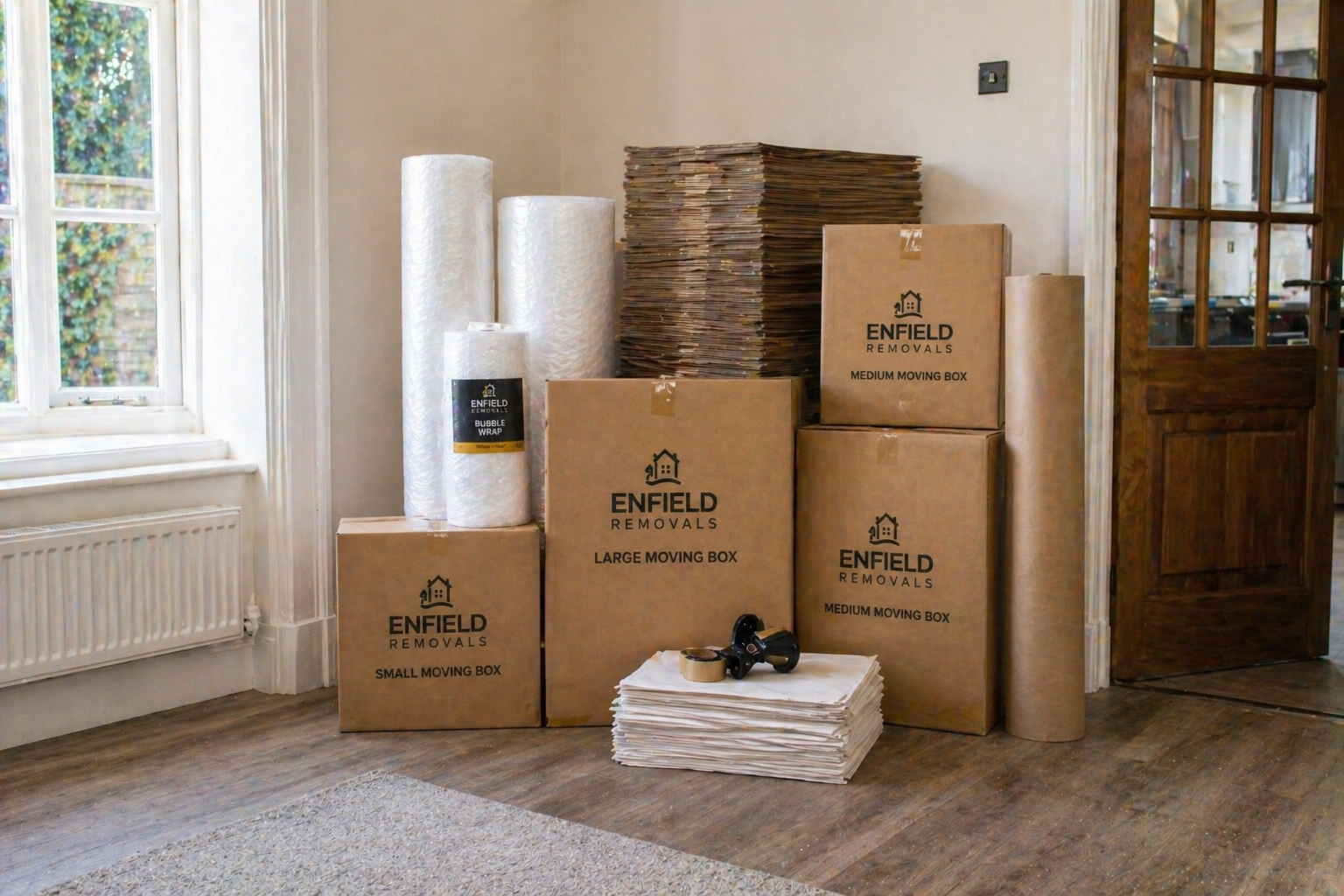 Moving box delivery setup in living room