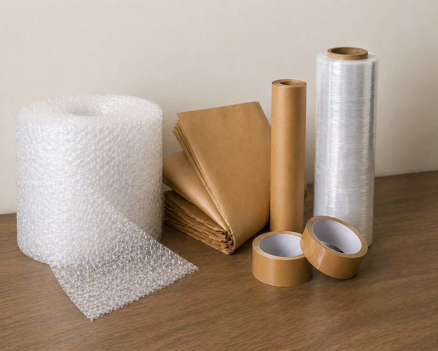 Packing supplies on wooden tabletop